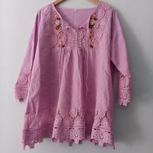 Women’s Light Lavender Crochet Lace Embroidered Tunic Top 1XL